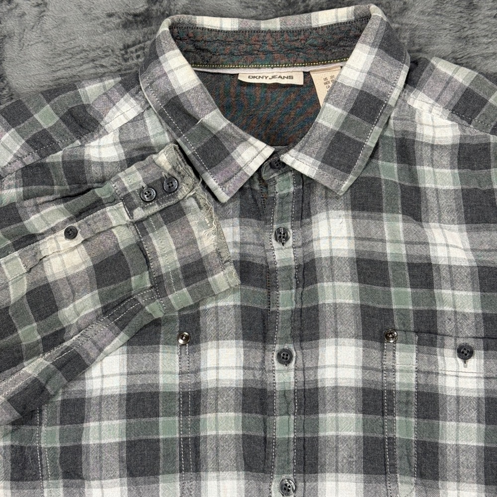 DKNY Jeans Button Down Shirt Men XXL Grey Green White Plaid